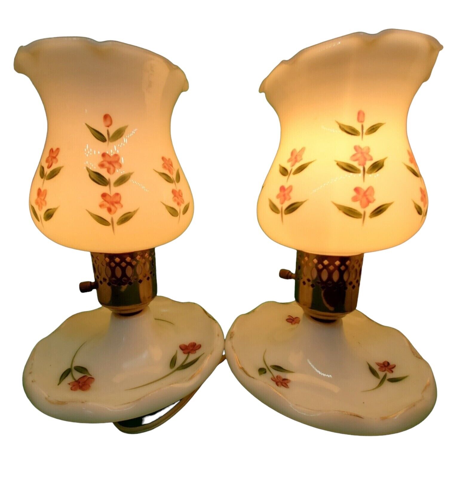 Pair of Vintage 1950's MILK GLASS HURRICANE LAMPS Hand Painted