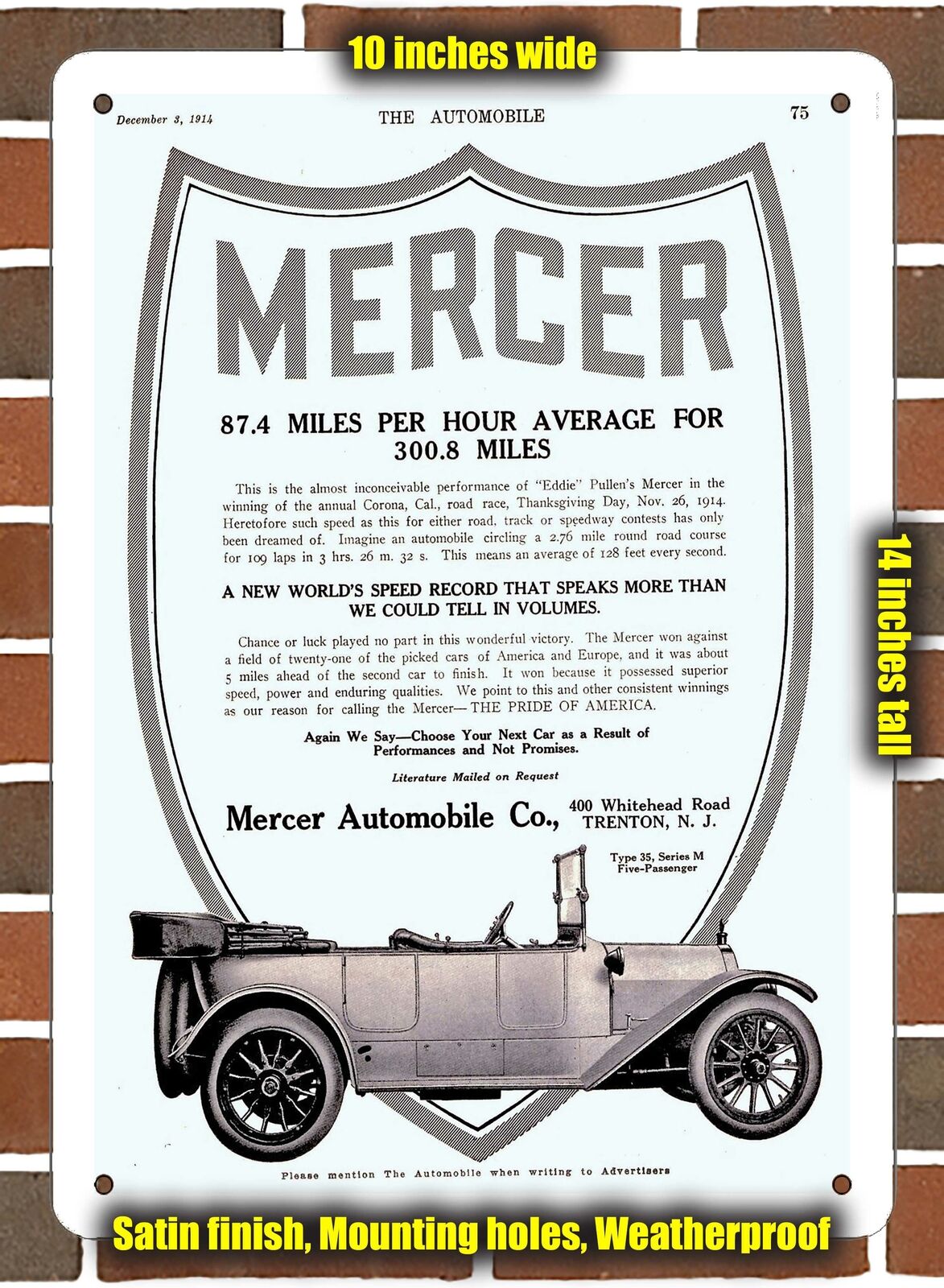 Metal Sign - 1914 Mercer Type 35, Series M, Touring- 10x14 inches