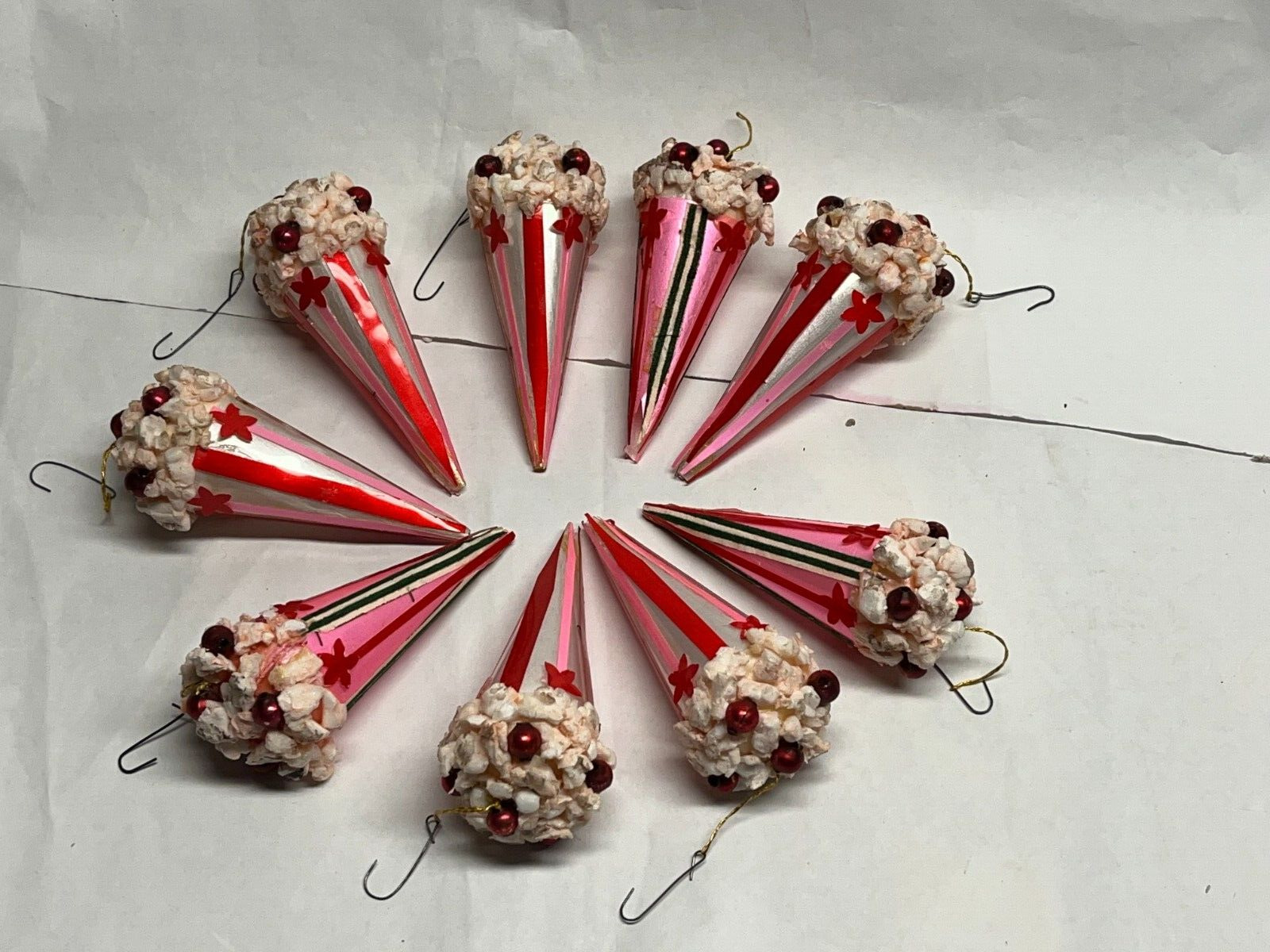 SET OF 9 RARE 1950'S CHRISTMAS TREE ICE CREAM CONE ORNAMENTS RED BEADS