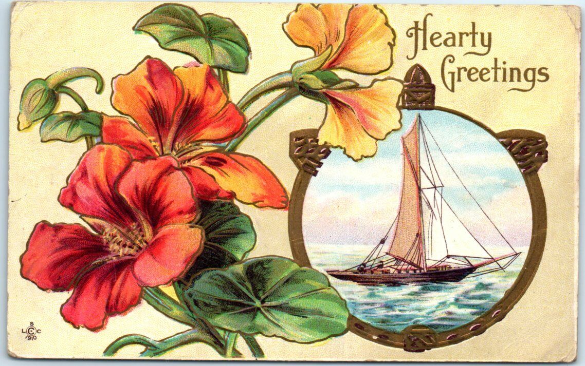 Postcard - Hearty Greetings with Flowers and Ship Art Print