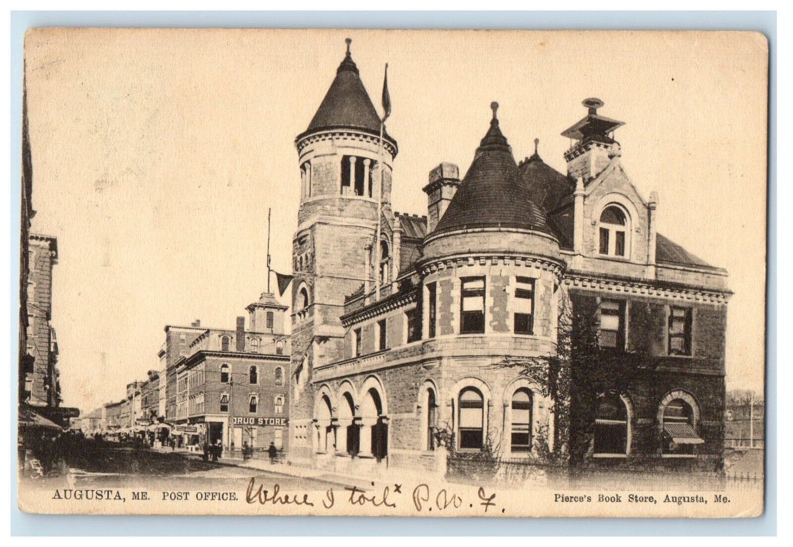 1905 Augusta Maine ME, Post Office Building Street View Antique Tuck\'s Postcard