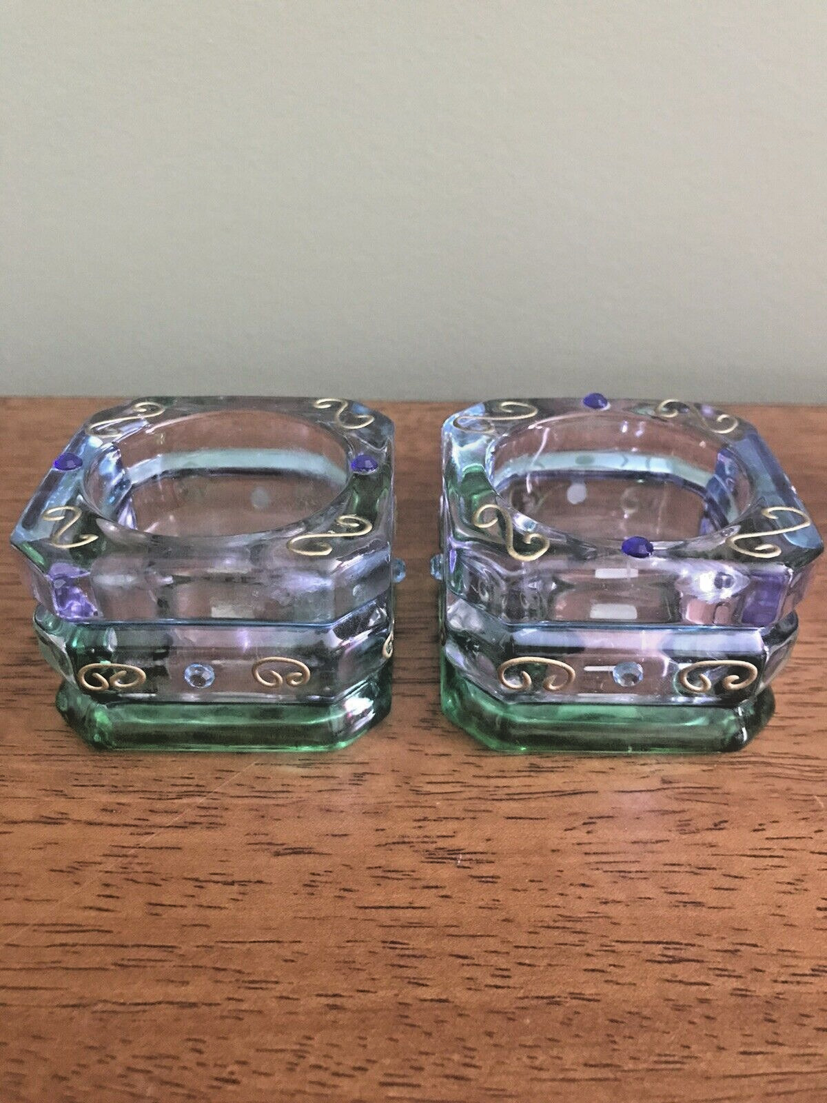 OT OF TWO PARTYLITE MARTI GRAS TEALIGHT CANDLE HOLDERS GLASS VINTAGE RETIRED