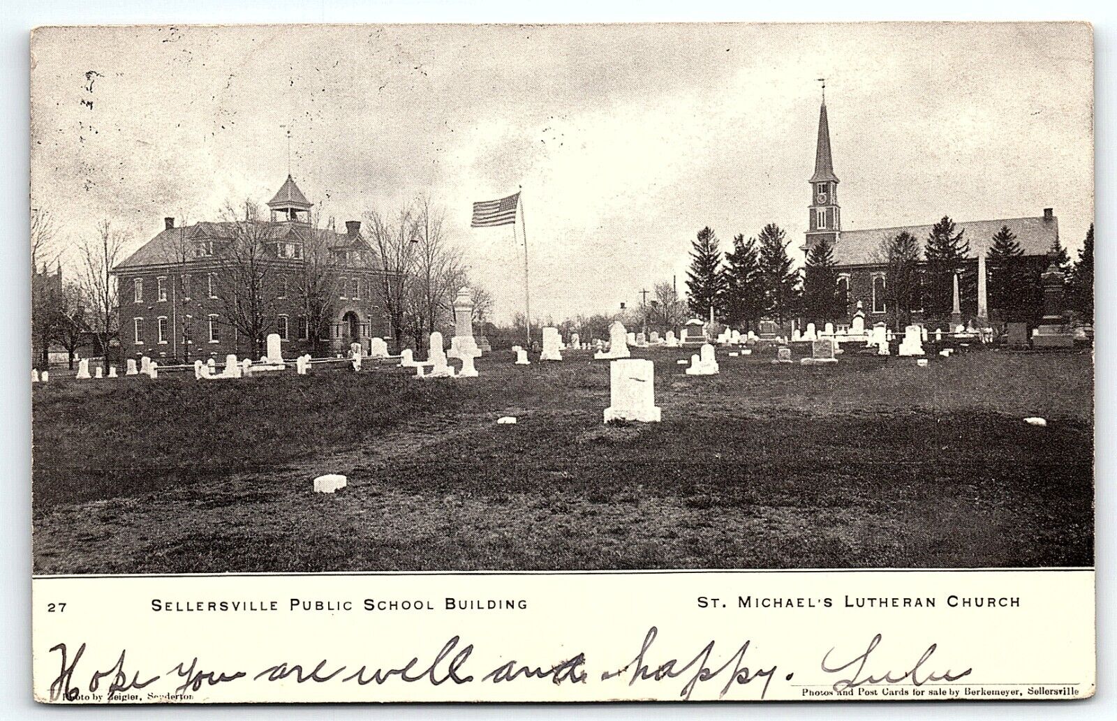 1906 SELLERSVILLE PA PUBLIC SCHOOL BUILDING ST MICHAELS CHURCH POSTCARD P4039