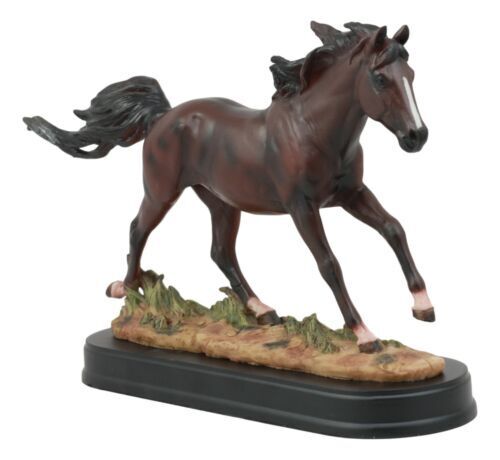 Equestrian Dark Brown Horse Galloping On Wild Pasture Statue With Base 9.25\