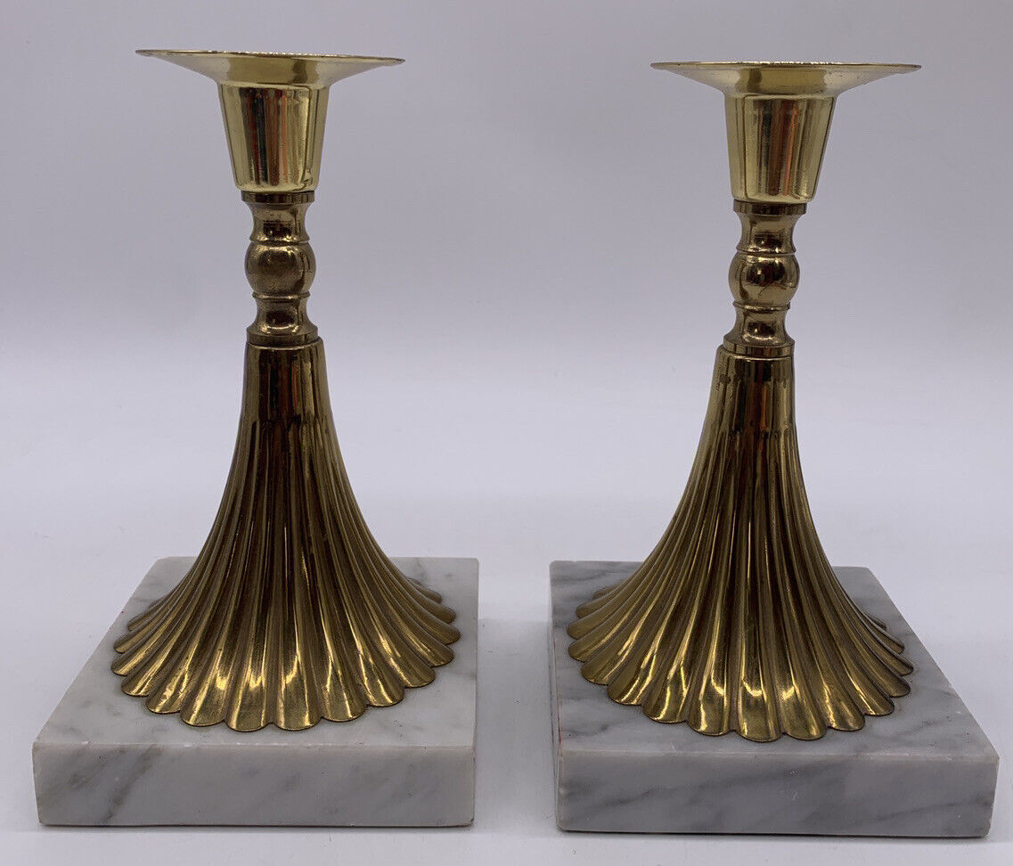 Pair Of Vintage Brass  Marble Candle Stick Holders - Home Decor- Mid Century Mod