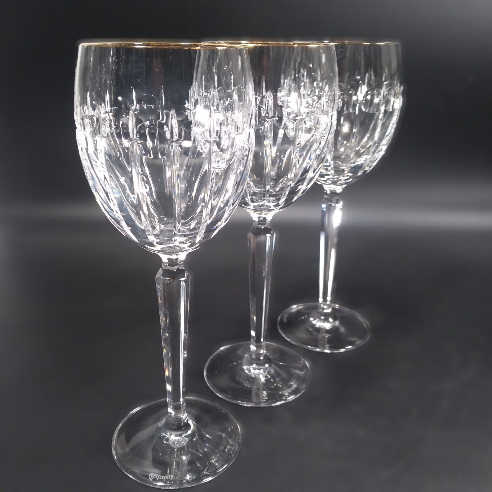 3 WATERFORD Crystal GRENVILLE GOLD Water Goblets Vertical Cuts - Gold Rim Faded