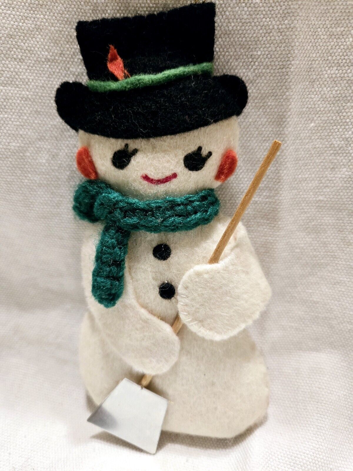 Vintage Handmade Snowman w/SnowShovel, Scarf & Top Hat Felt Ornament - Christmas
