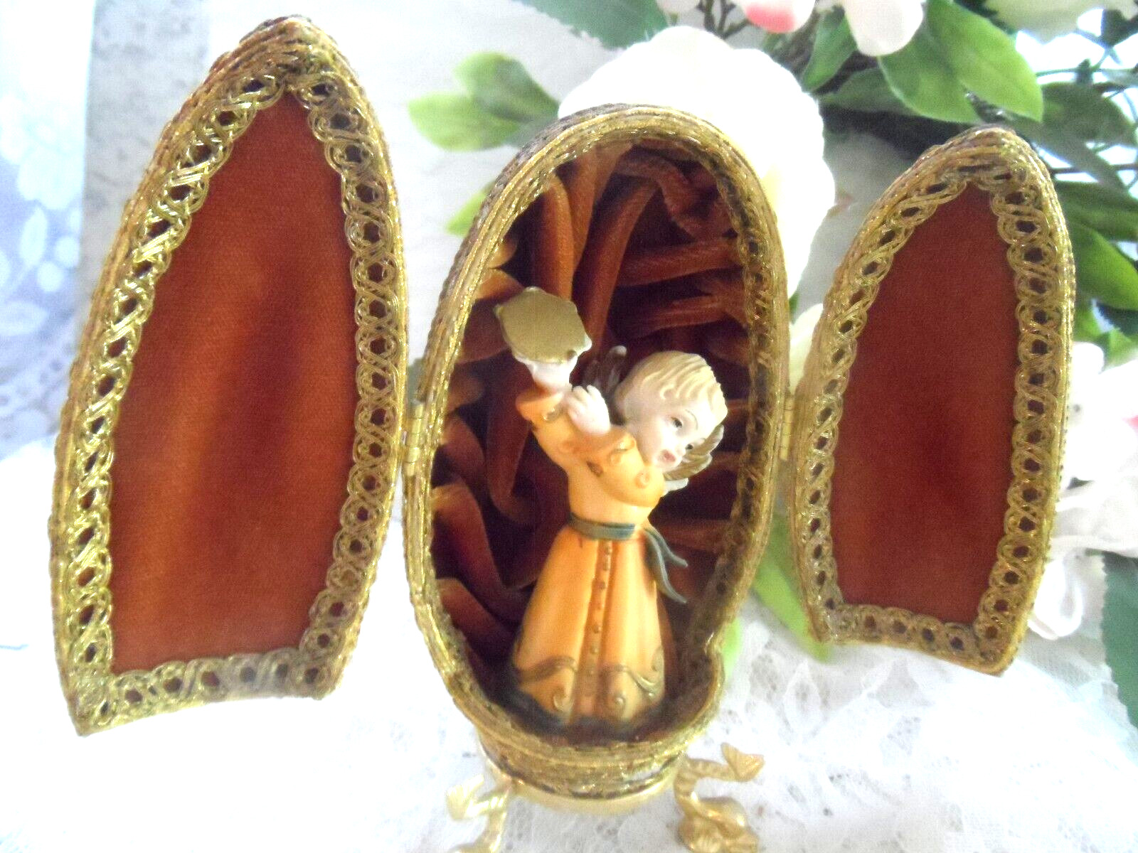 Handmade Vintage  Ornament -REAL GOOSE EGG EMBELLISHED DIORAMA  w/ANGEL FIGURINE