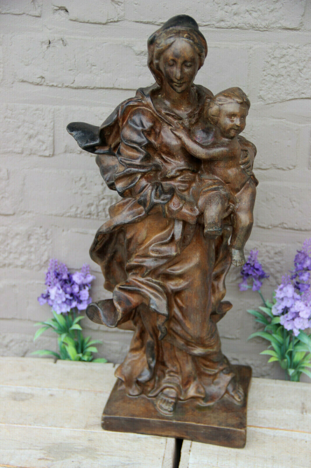 Antique French chalkware Madonna jesus statue figurine religious