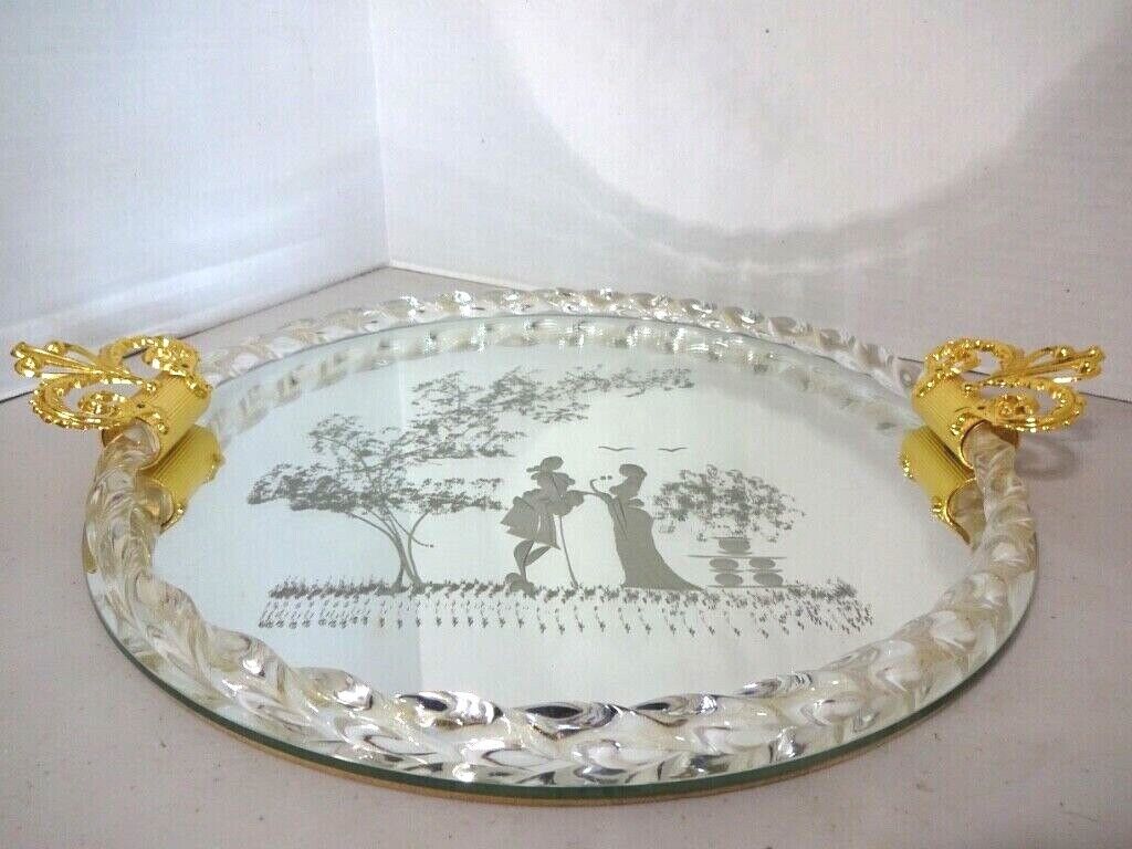 Vintage Murano Mirror Tray Etched Venetian Glass -by Ercole Barovier-EX