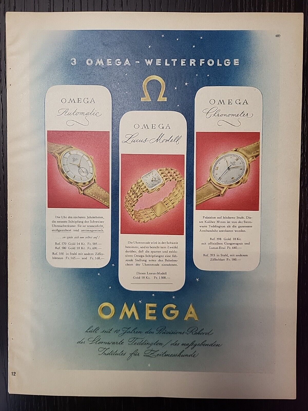 Omega Swiss Watches 1944 Print Ad Du World War 2 Luxury German Astronomy Color