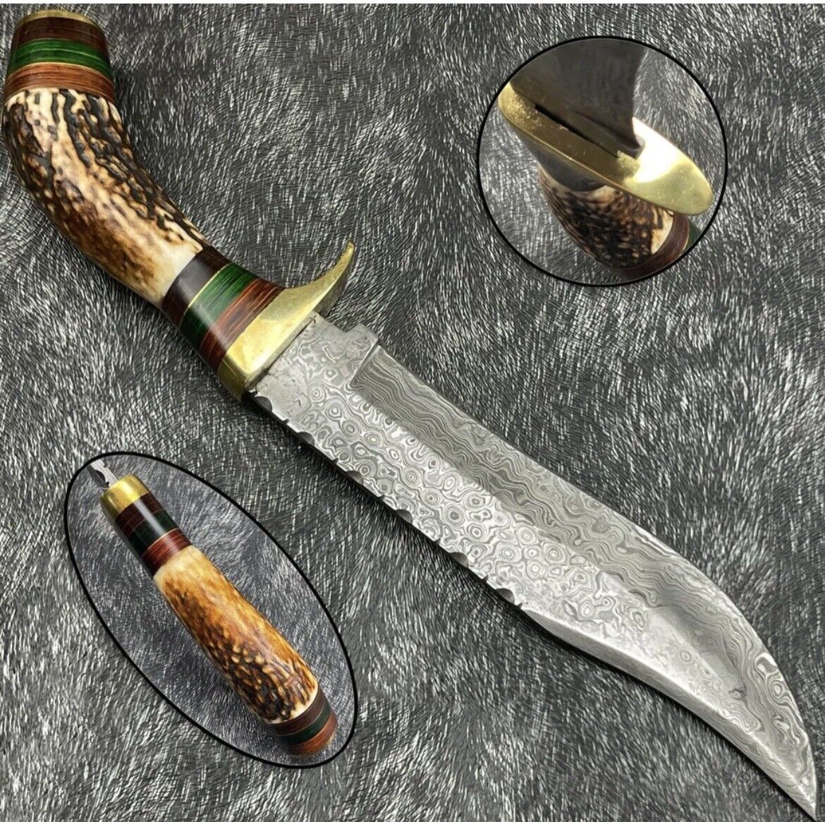 Stag Knives Hand Forged Damascus Steel Stag Antler Handle Hunting Knife 10”
