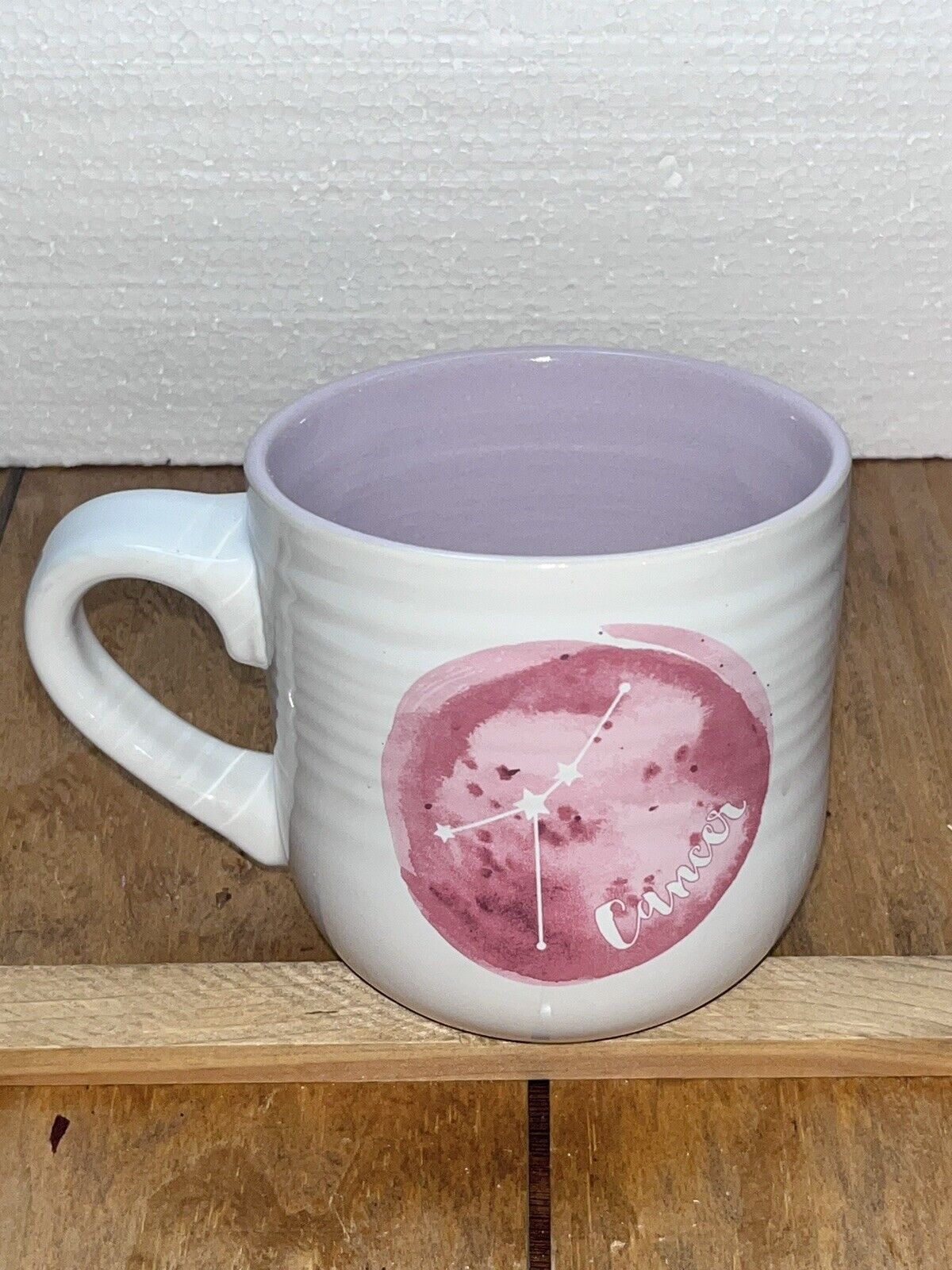 Cancer Zodiac Sign Coffee Mug White & Pink Lavendar Inside 16 oz New