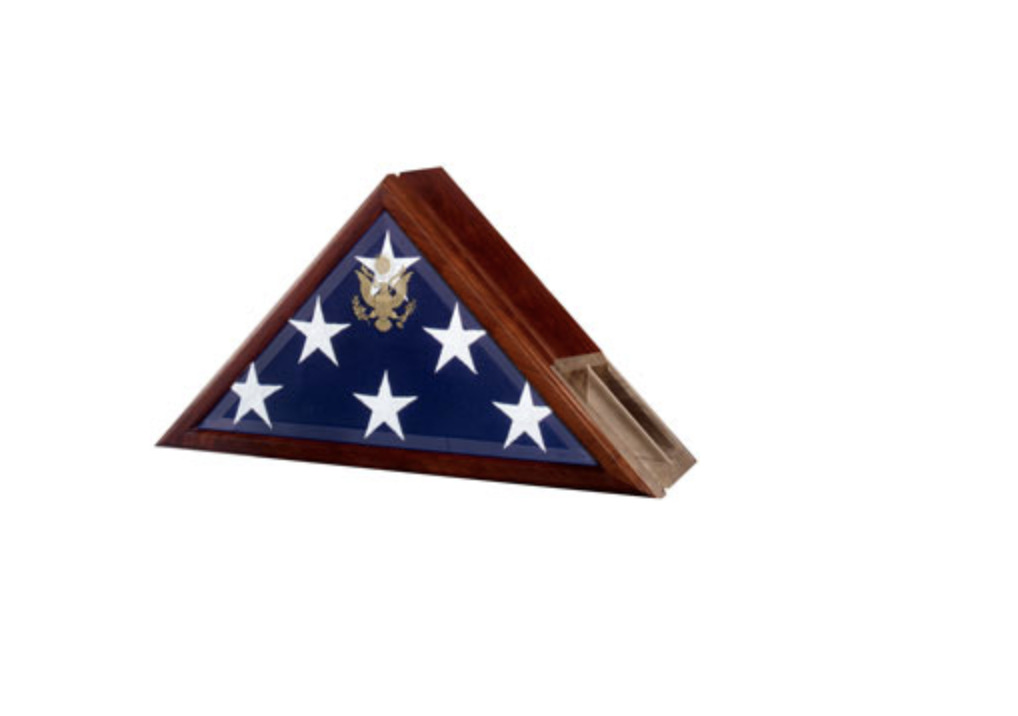 FUNERAL BURIAL FLAG CASE WITH URN BUILT IN WITH SEAL AND WALNUT FINISH 