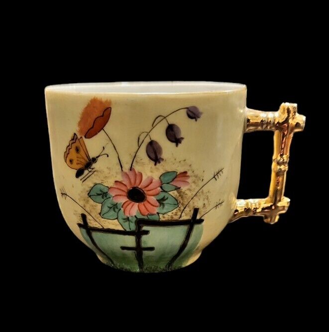 Vtg Antique Victorian Porcelain Hand Painted Mustache Cup Mug Gold Bamboo Handle