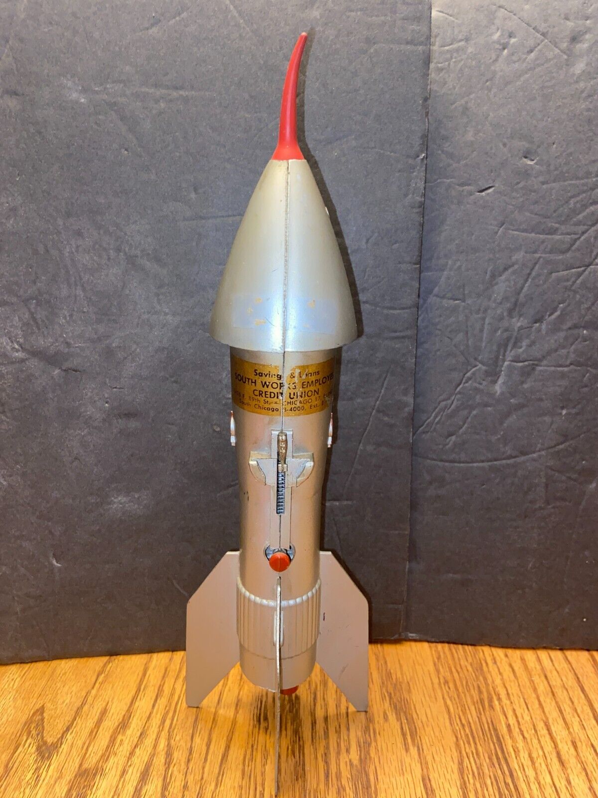 Berzac Rocket Mechanical Coin Bank Astro Mfg US Steel South Works Credit Union