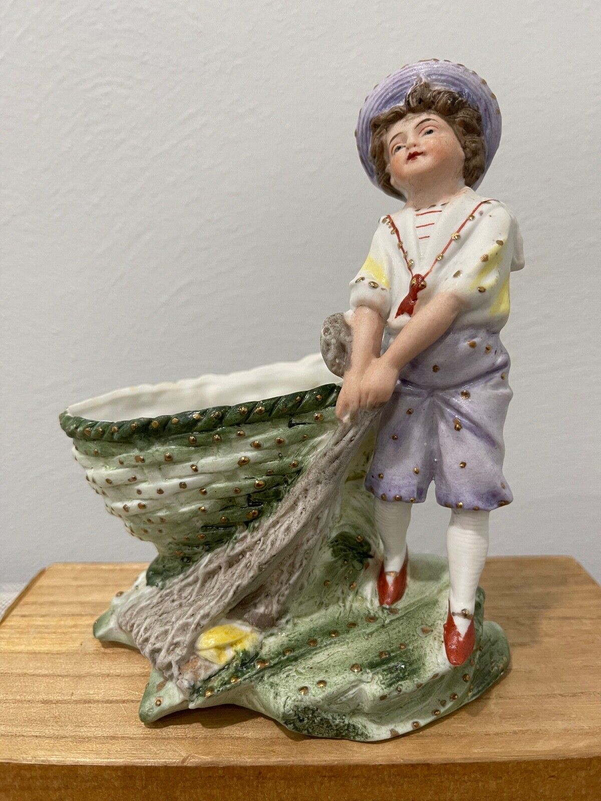 Antique German Bisque Porcelain Fisherman Boy w/ Basket Figurine / Vase
