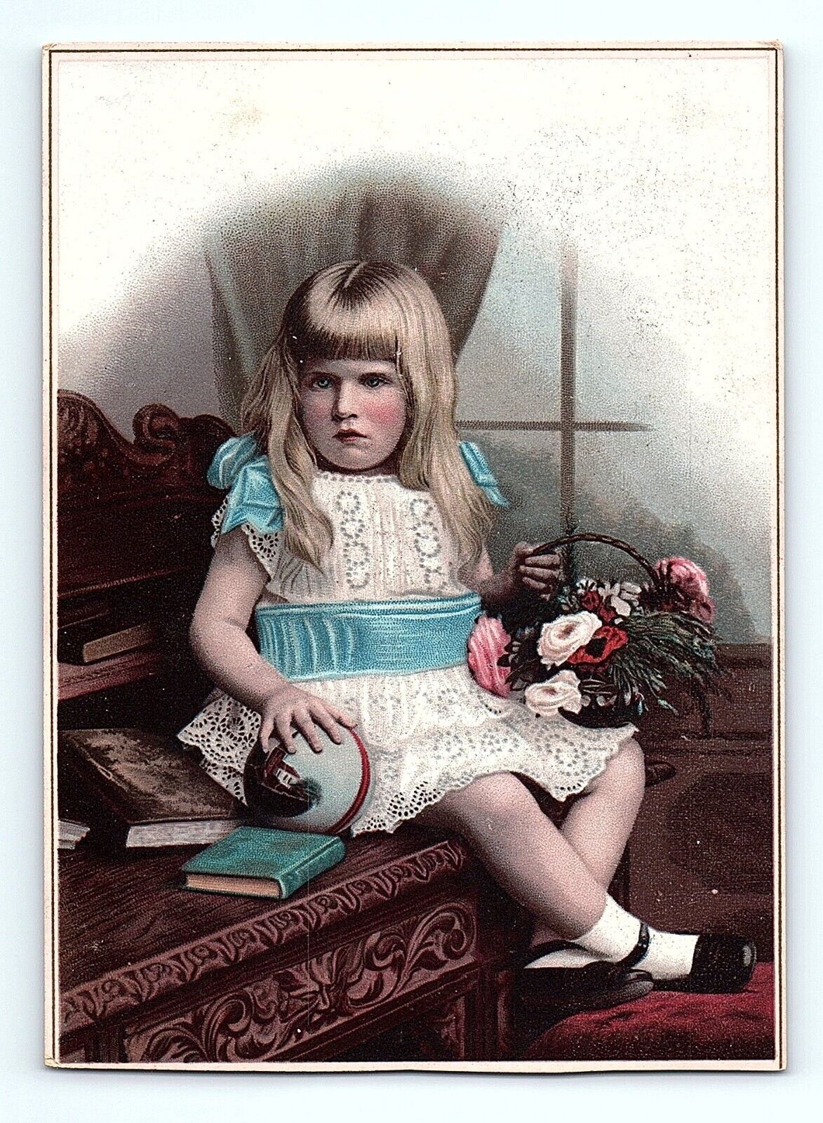 Victorian Trade Card 1800s Van Horn Carpet Furniture Store Girl Ball & Flowers