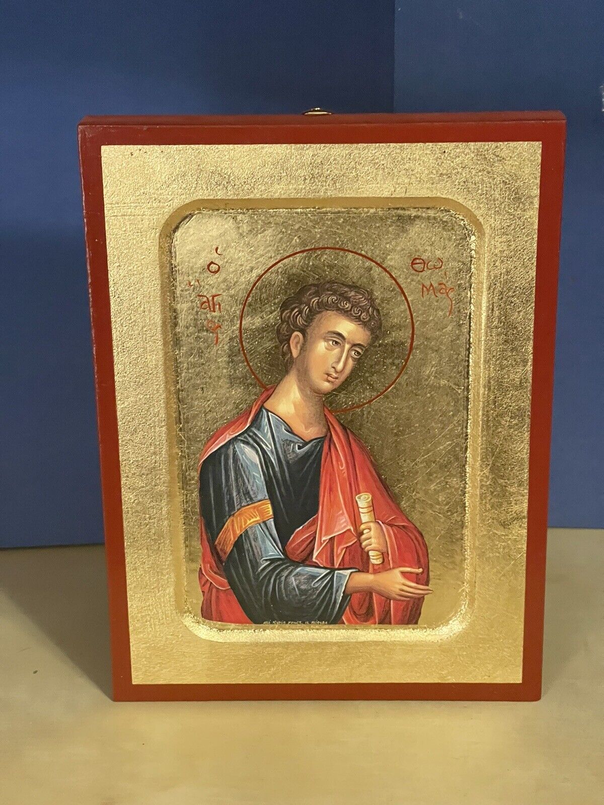 Saint Thomas the Apostle -GREEK WOODEN ICON, CARVED WITH GOLD LEAVES 6x8 inch