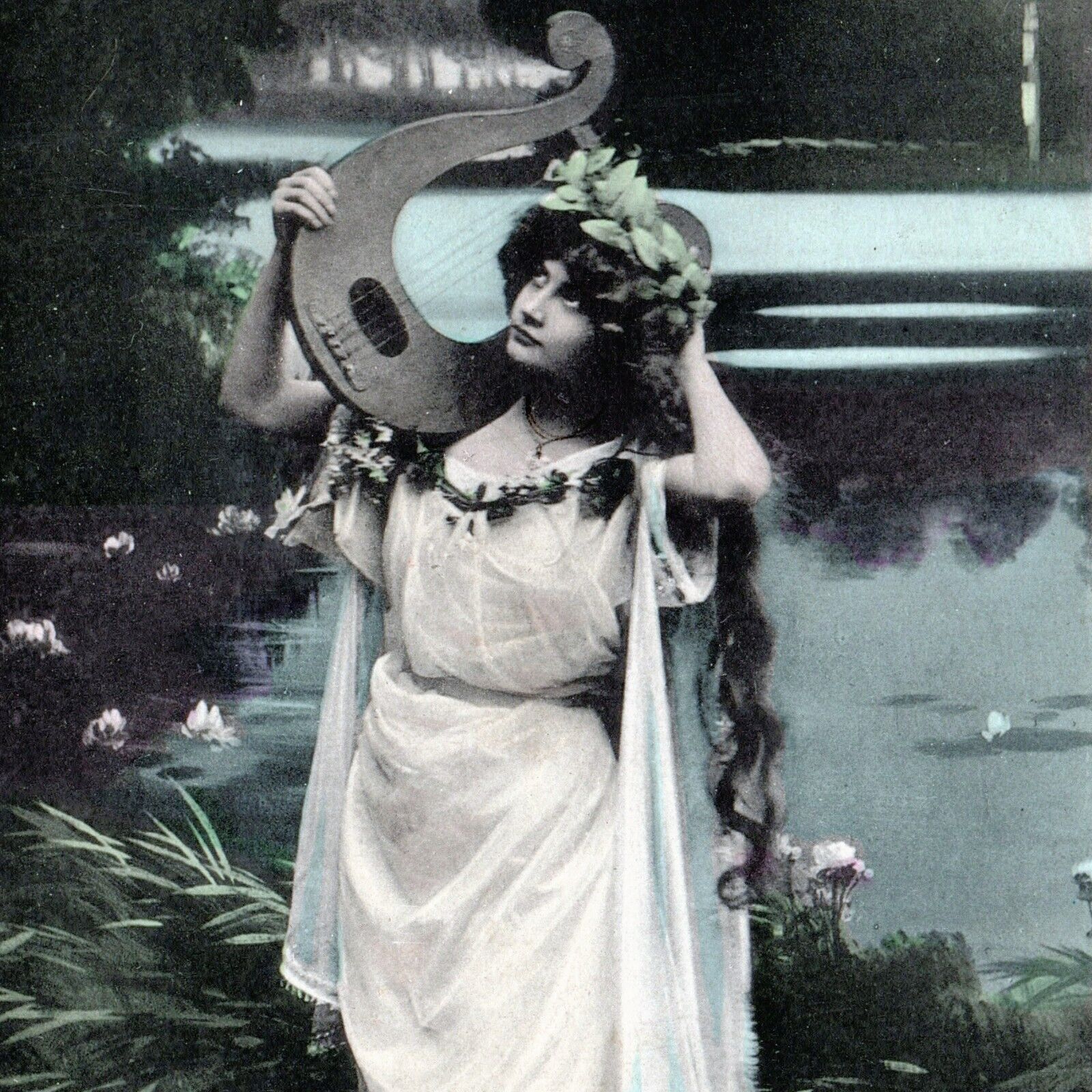 c1910s Beautiful Woman w/ Greek Lyre RPPC Mini Harp Cute Girl Photo Colored A167