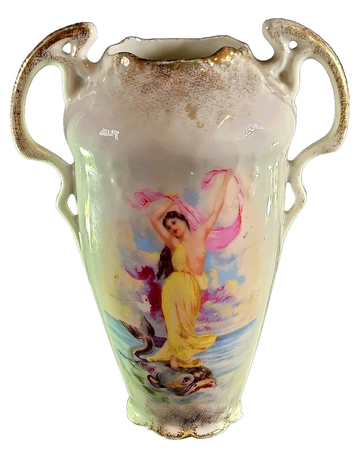 Lovely Antique Victorian Small Flower Vase Of Aphrodite Riding/ Standing On Fish