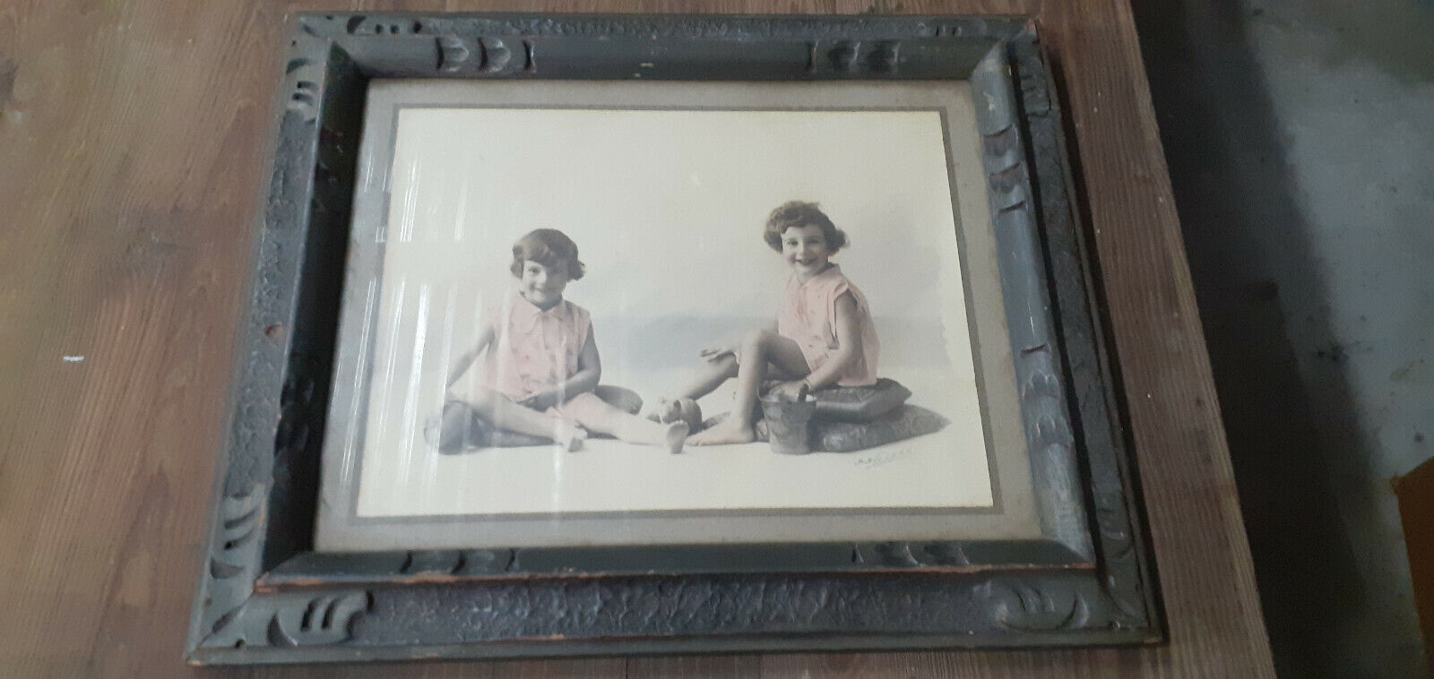 Rare antique b & w colored photo twins sisters framed Stoppani toys ball bear 