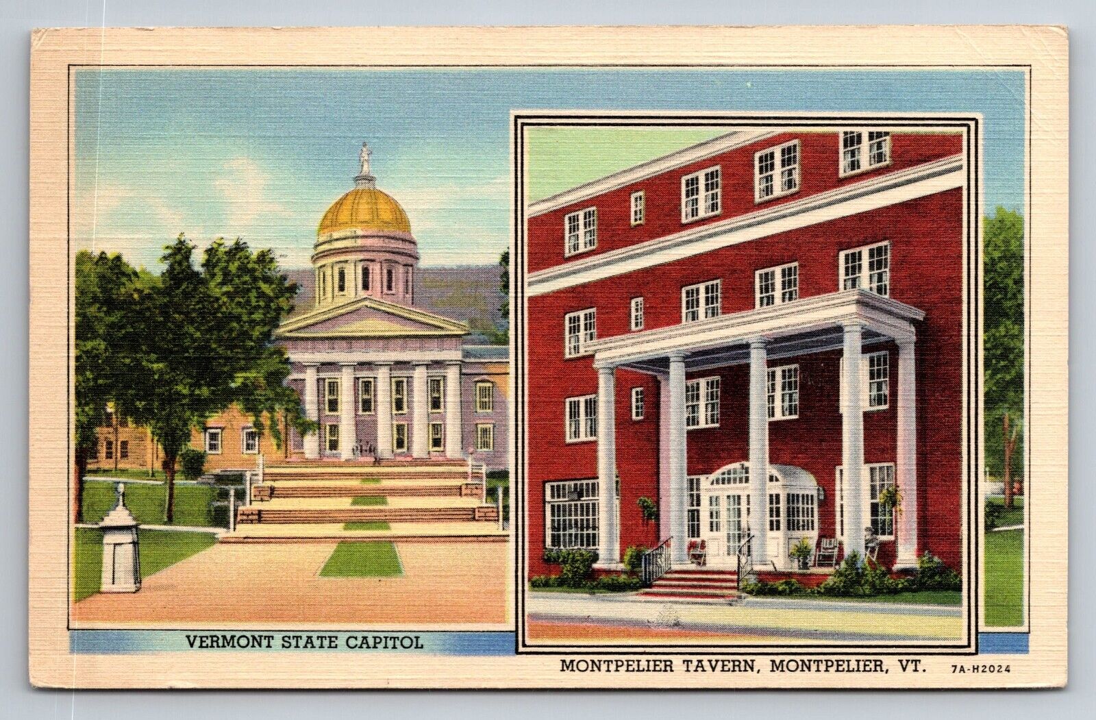 Vermont State Capitol & Montpelier Tavern Vintage Linen Posted 1946 Postcard