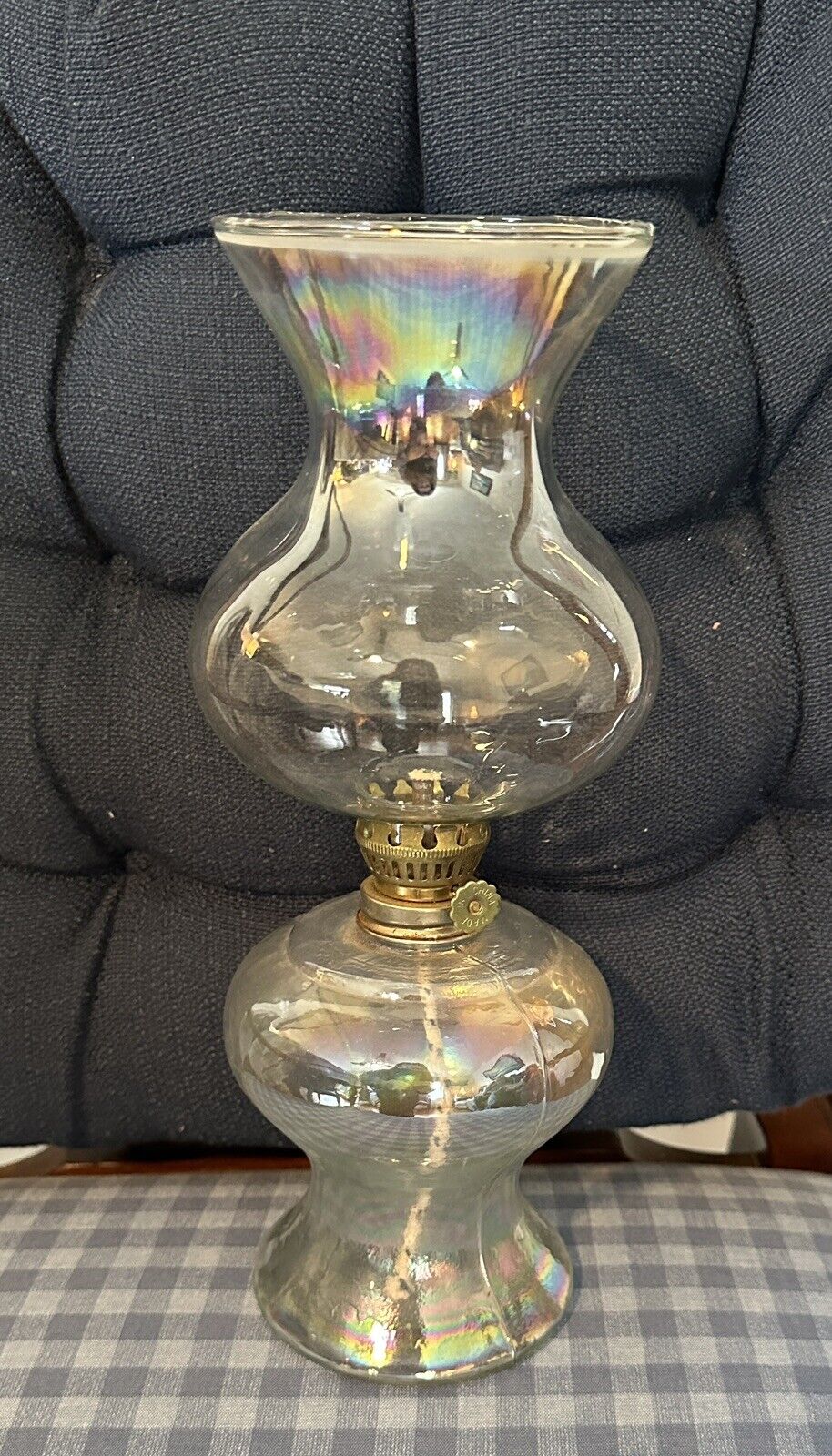 Pair (2) Vintage Iridescent Glass Oil Lamps 12 in Cottage Grandma Core Mantel