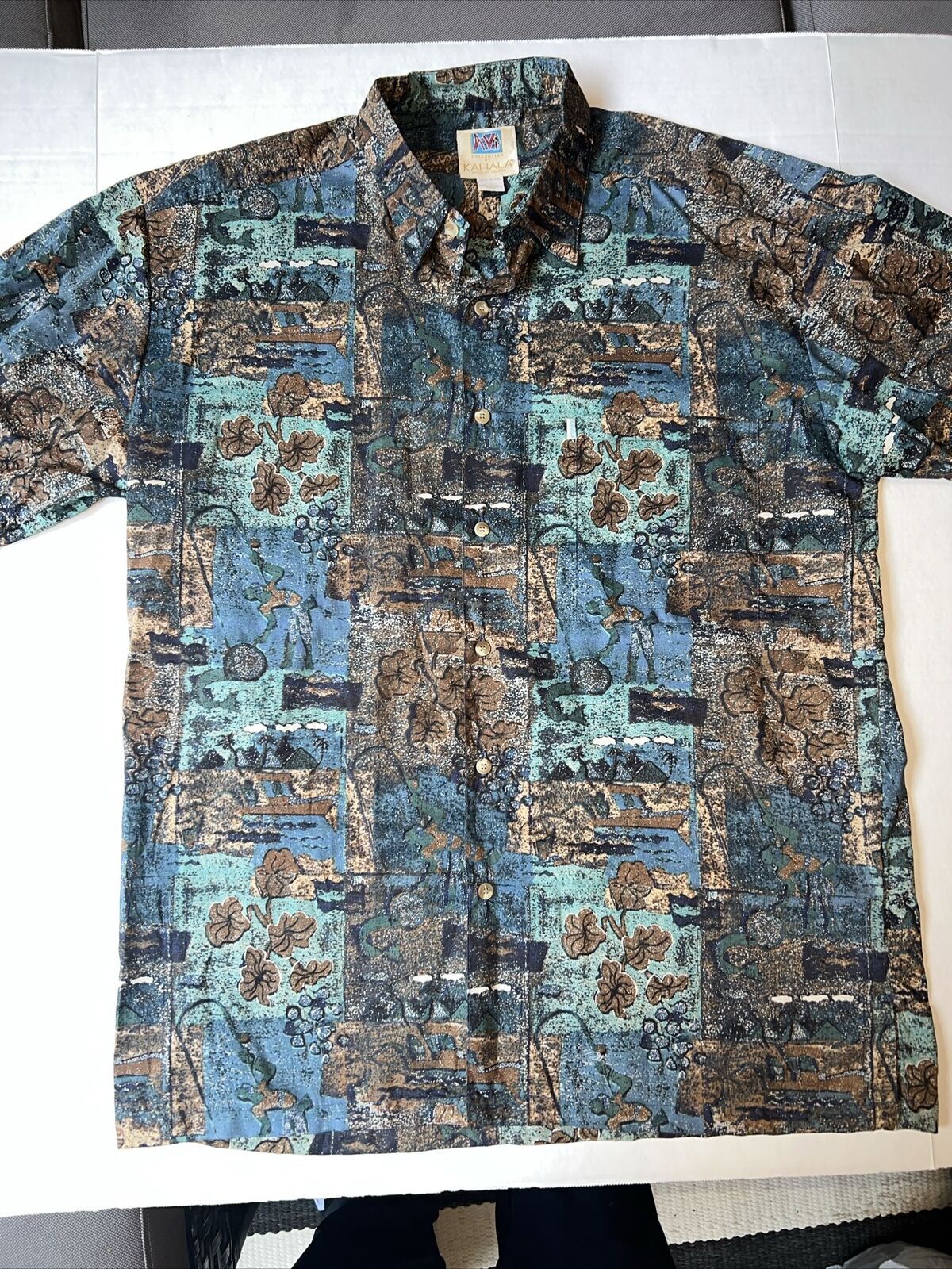 NWOT KAHALA HAWAIIAN ALOHA Button  Up Pocket Shirt Large Flowers Palm Trees Blue
