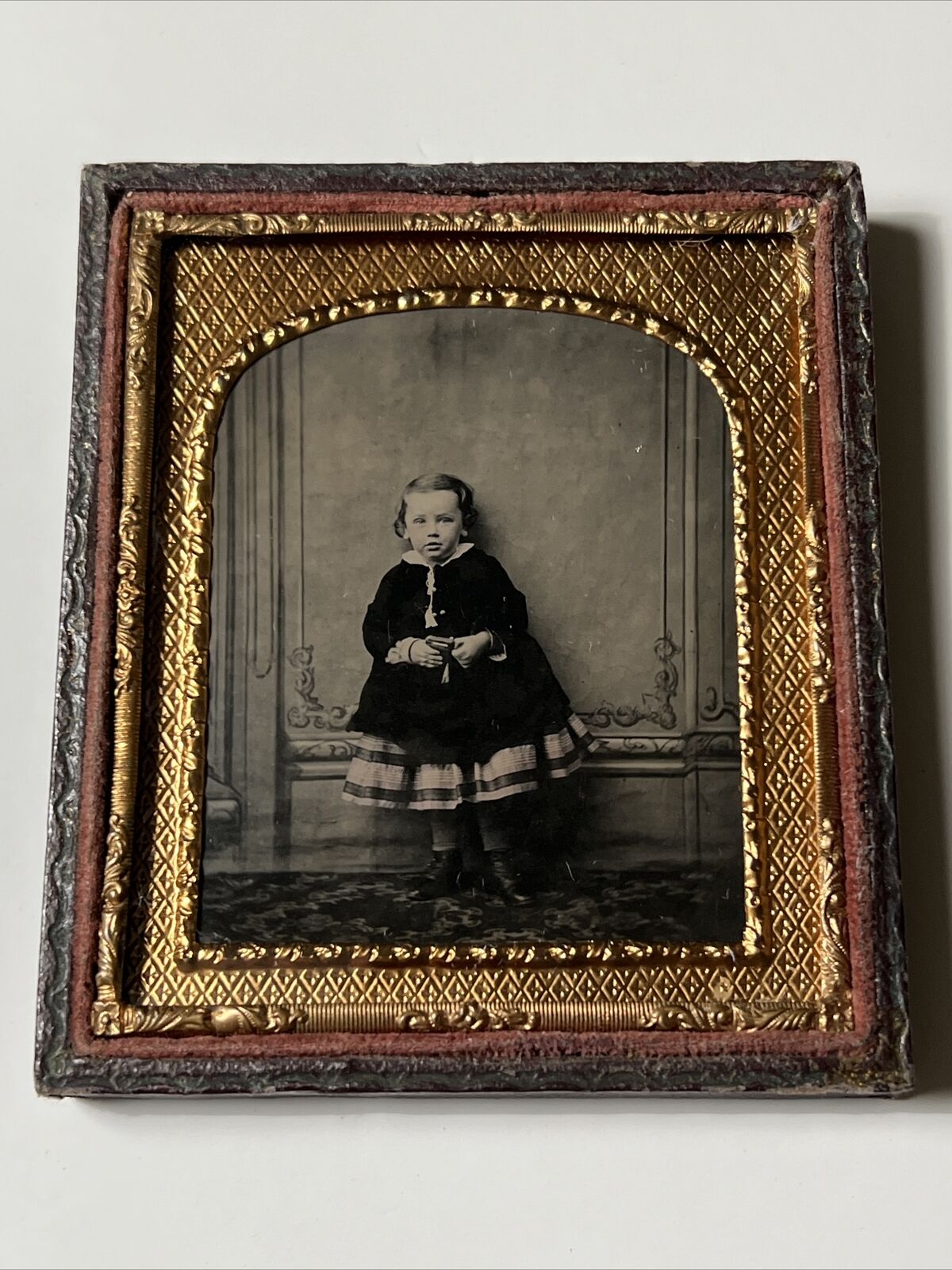 antique 1870s GIRL in PLAID Lovely Framed and Mounted For Hanging Tintype Photo