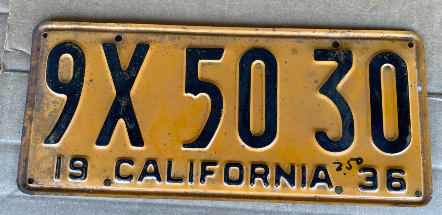 1936 California CA License Plate Black Yellow 9X5030