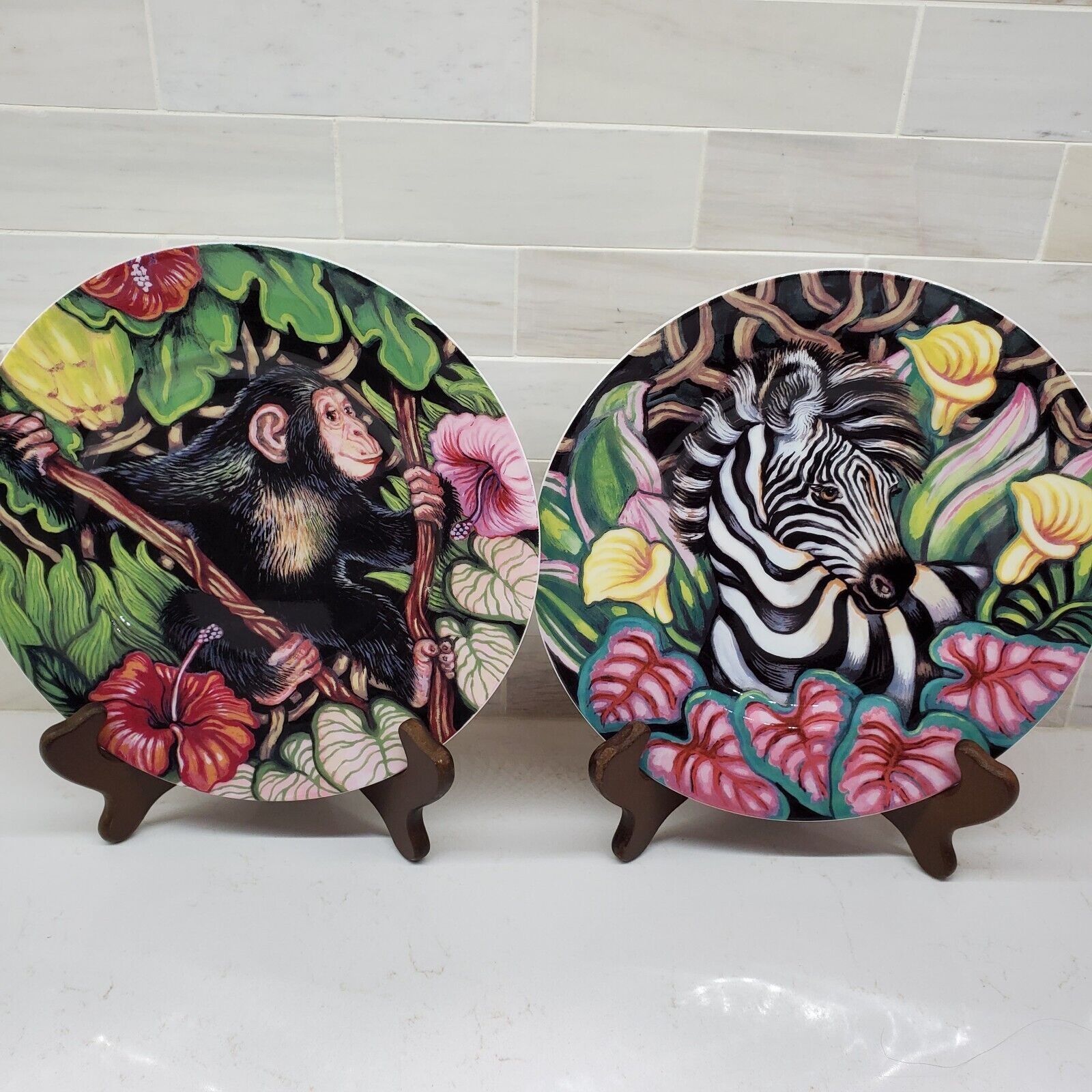 Fitz and Floyd Exotic Jungle Plates Monkey &Zebra Pair Set of 2 Plate Wall
