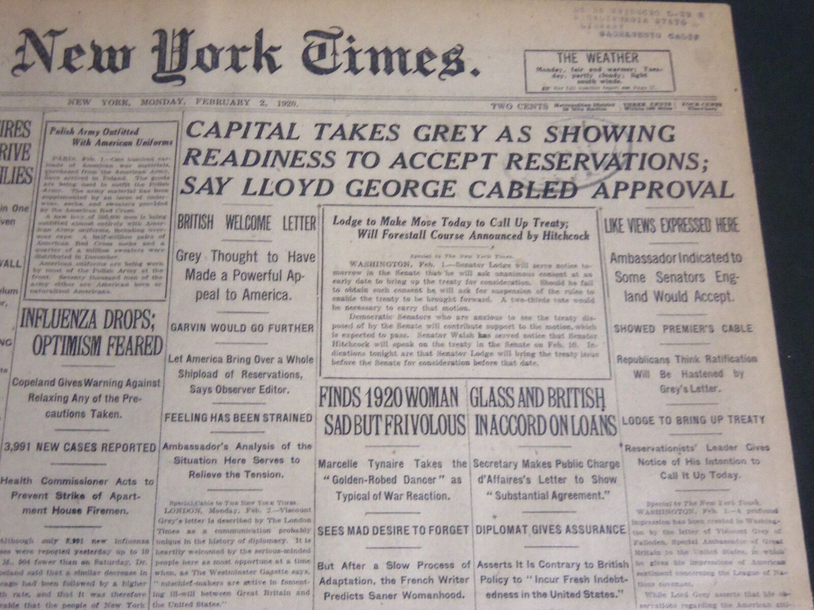 1920 FEB 2 NEW YORK TIMES - CAPITAL TAKES GREY TO ACCEPT RESERVATIONS - NT 6786