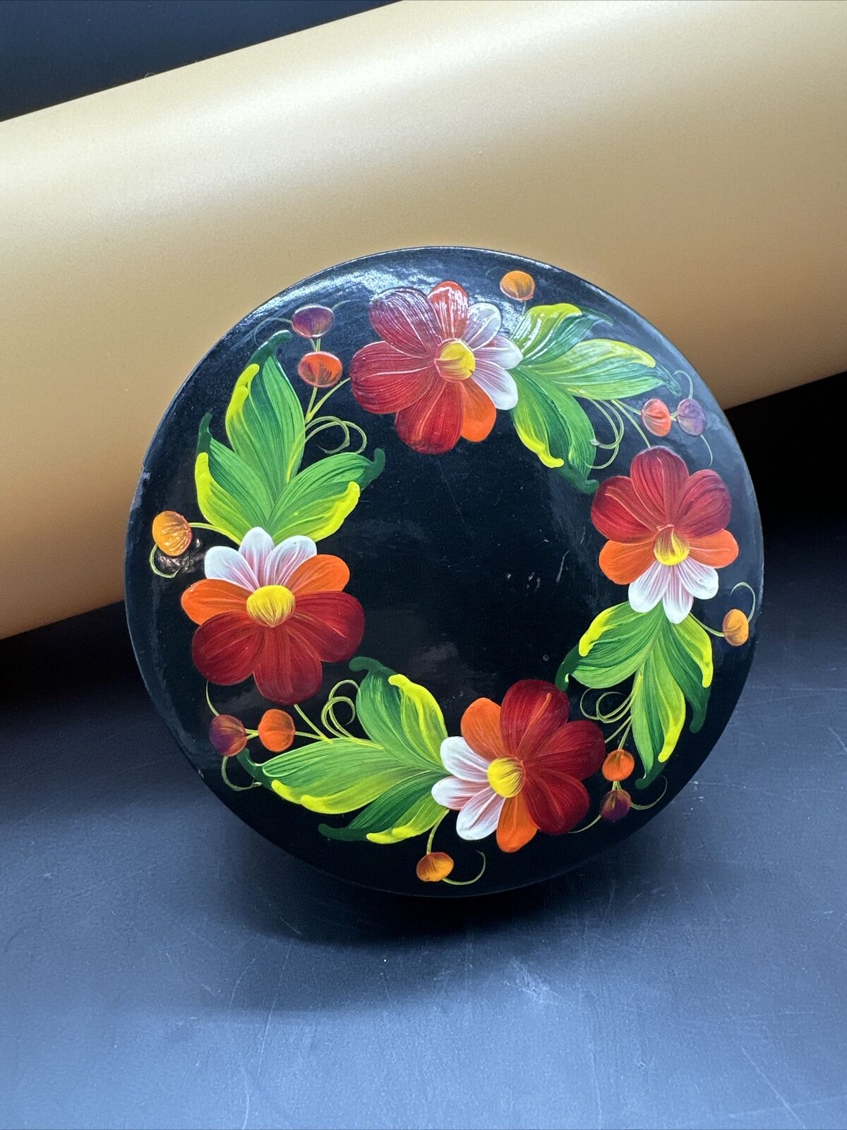 Vintage U.S.S.R. Black Laquer Hand Painted Trinket Box  5.25 In. 1960’s Labeled