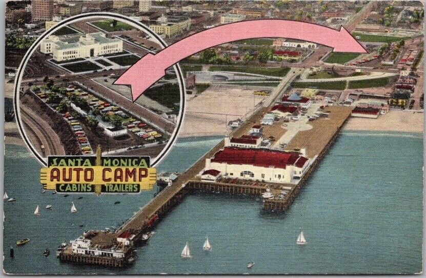 c1940s California Postcard SANTA MONICA AUTO CAMP Aerial Pier View / KROPP Linen