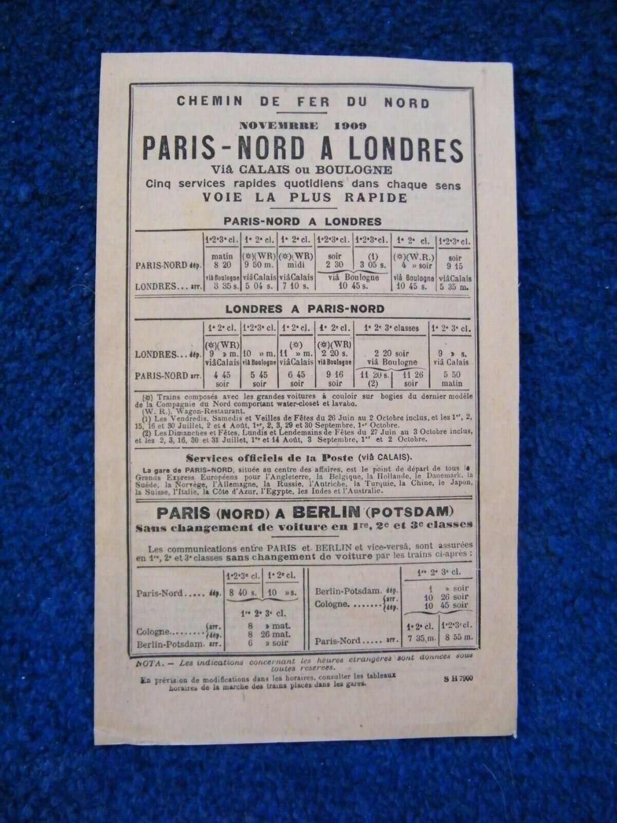 Original 1909 Chemin De Fer Du Nord Paris to London & Berlin Timetable Brochure