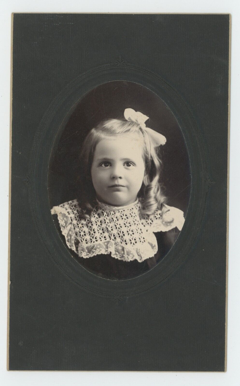 Antique Circa 1900s Cabinet Card Beautiful Young Girl Sweet Eyes Bow In Hair