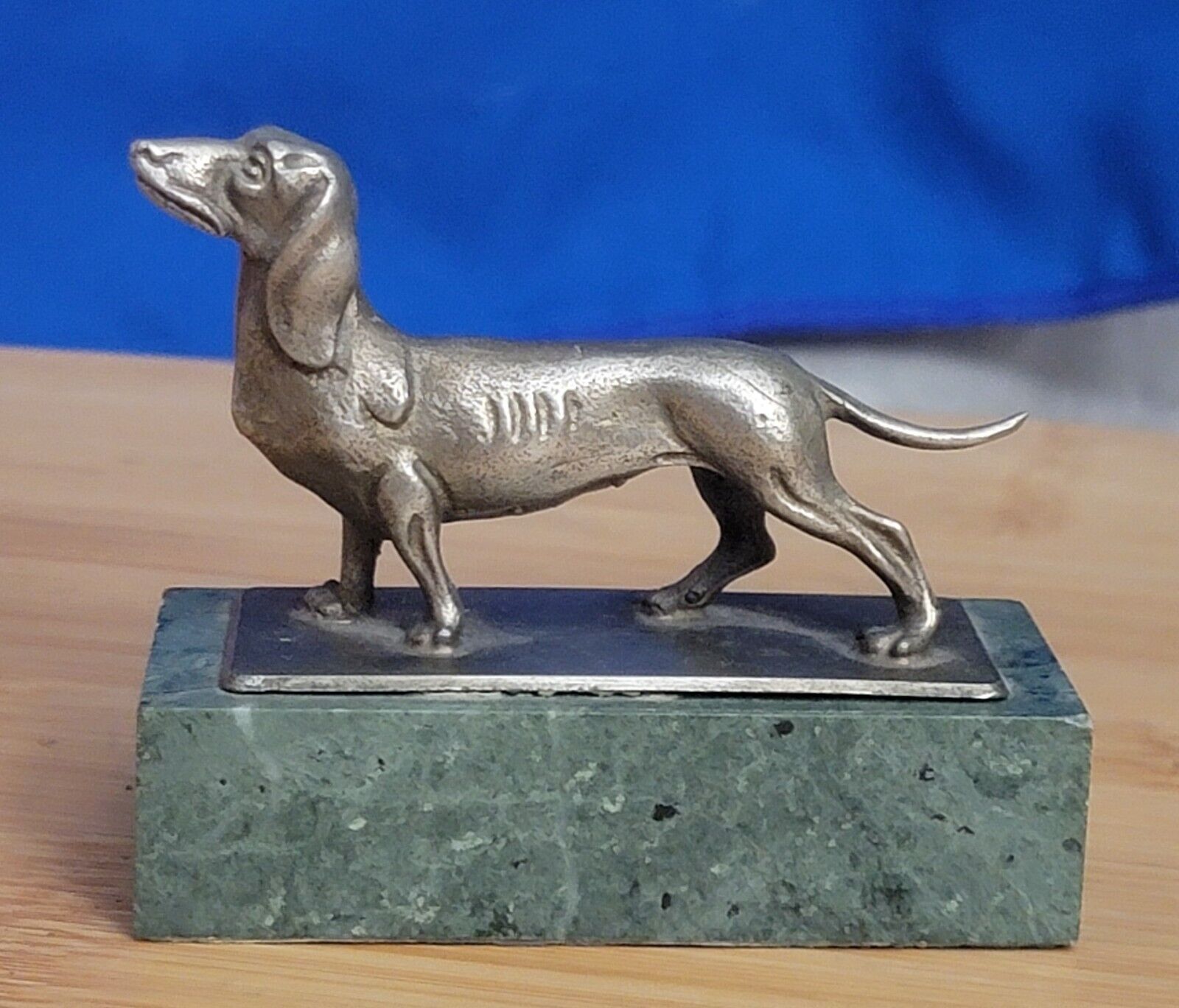 Rare Vtg Pewter Dachsund Wiener Dog on Italian Marble  Paper Weight