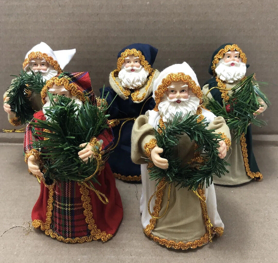 Five Vintage Style Victorian Santas Fancy Outfits Old Fashioned Greenery Santa