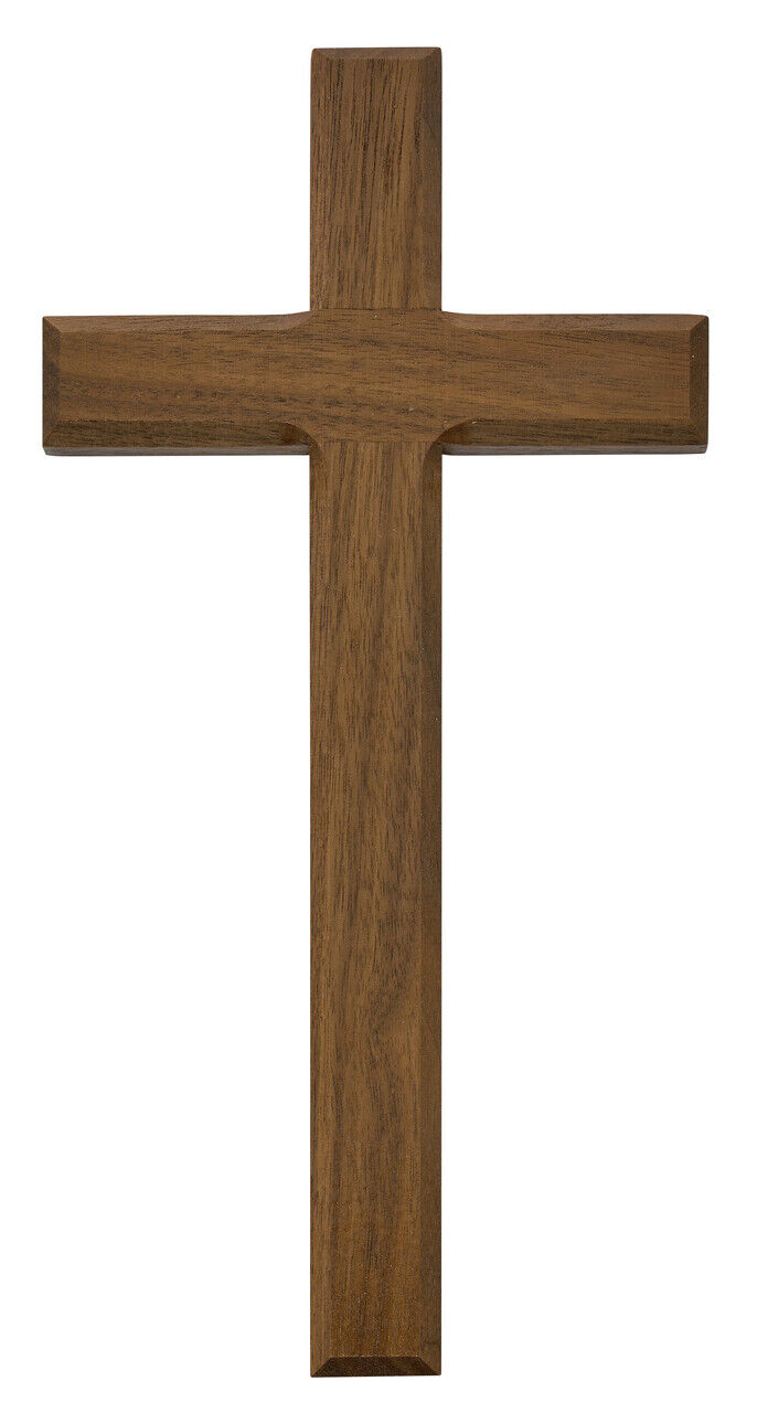 Walnut Stained Beveled Edge Plain Wood Hanging Wall Cross for Home Decor, 24 In