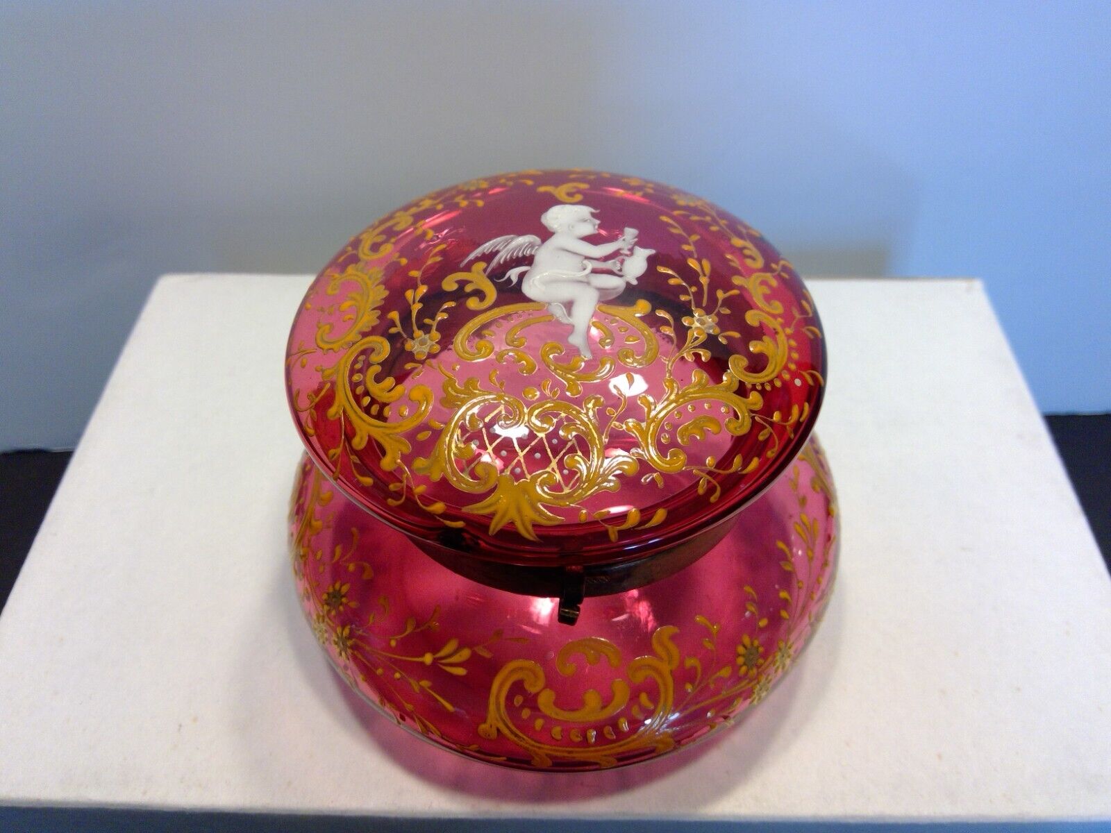 Moser Enameled Cranberry Glass with Cherub & Scroll Work Powder Hinged Jar