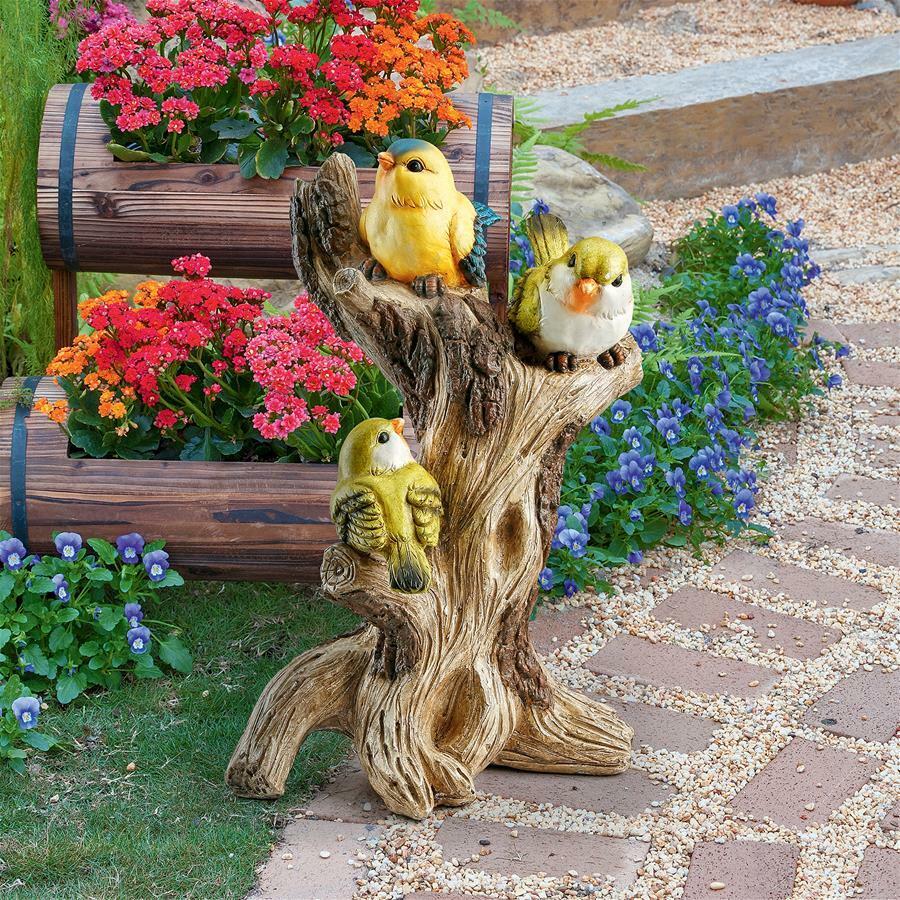 Garden Trio of Yellow Warblers on a Craggy Tree Stump In or Out Spring Decor