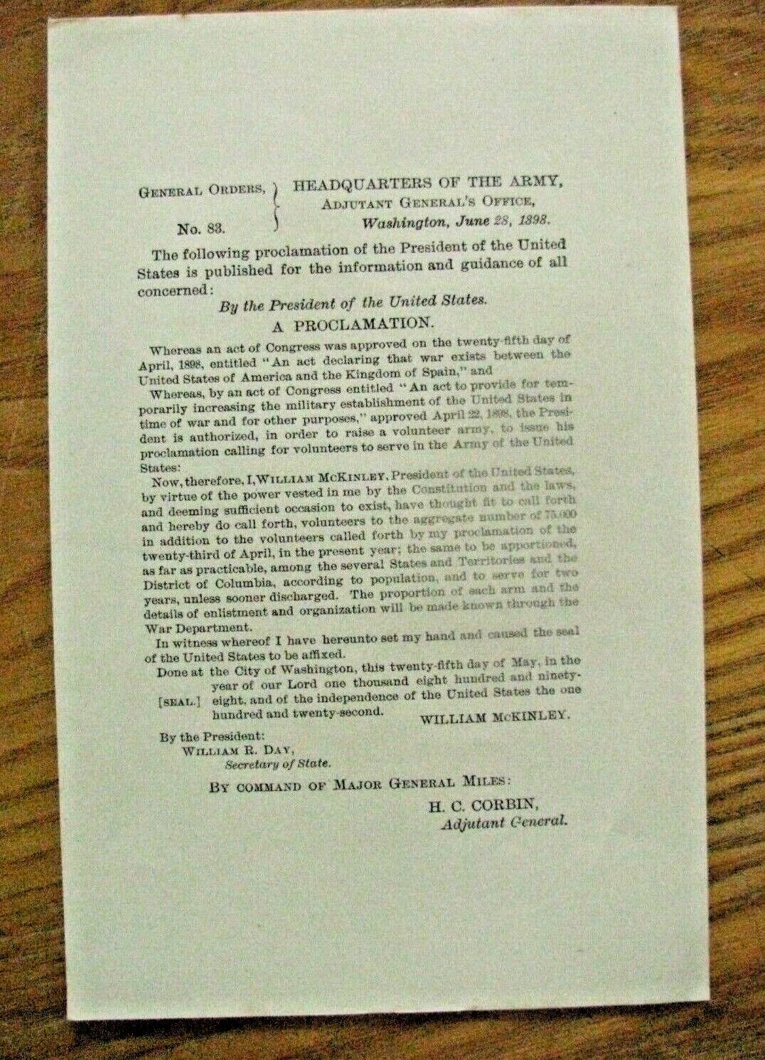 PRESIDENT WILLIAM MCKINLEY PROCLAMATION 1898  WAR DECLARATION WAR WITH SPAIN