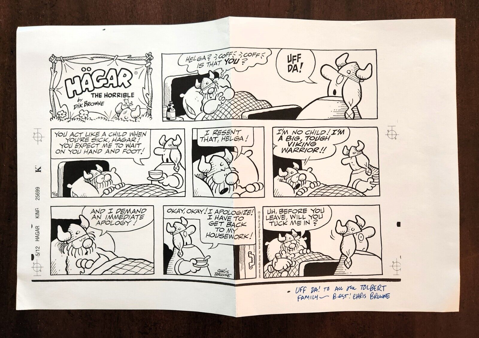 HAGAR THE HORRIBLE, CHRIS BROWNE SIGNED LITHOGRAPH,  Sunday strip, May 12, 1991