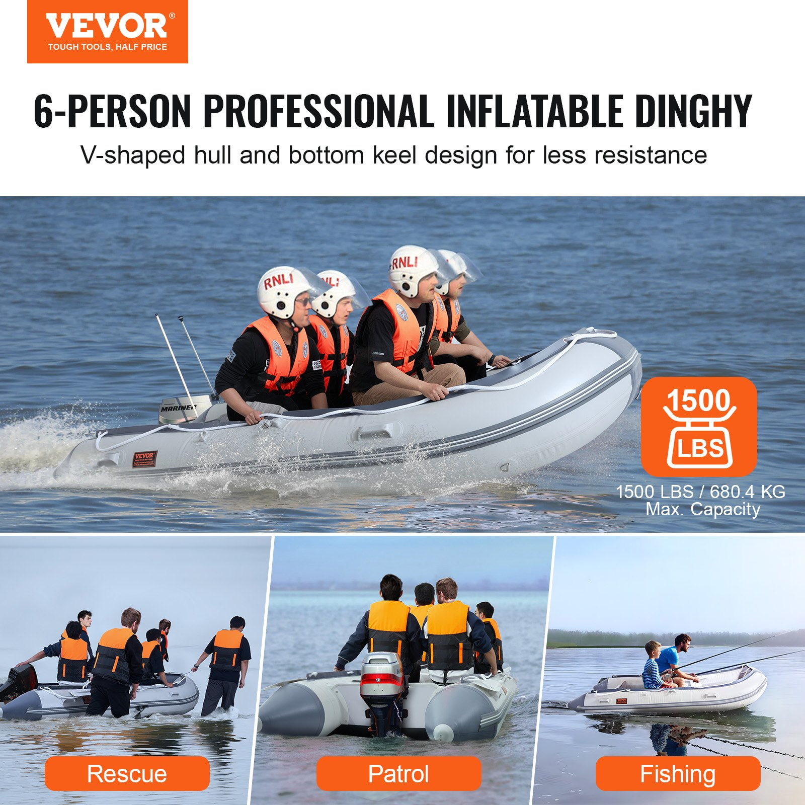VEVOR Inflatable Dinghy Boat, 6-Person Transom Sport Tender Boat, with Marine Wo
