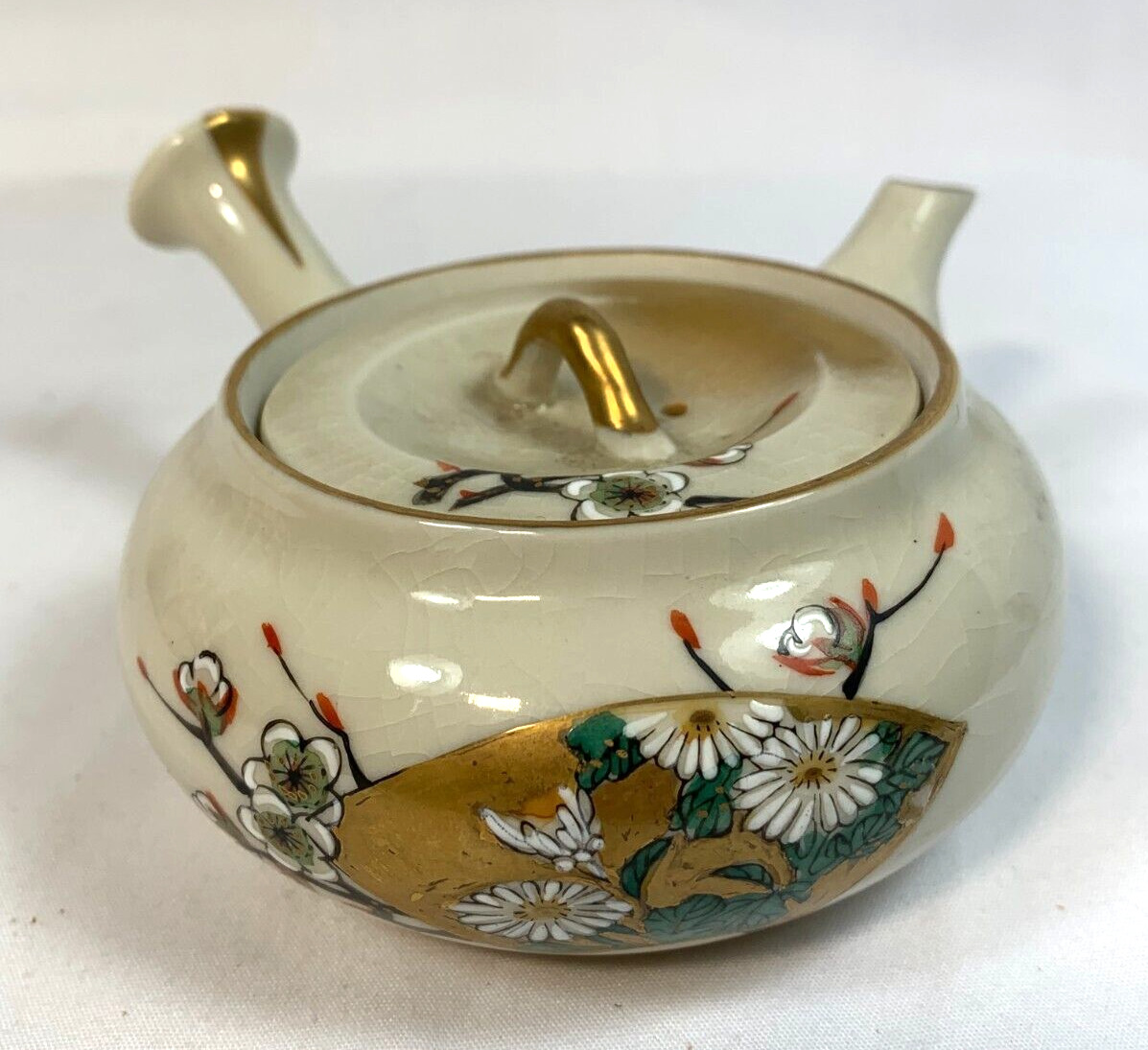 Japanese Teapot Kyusu Plum Blossoms Chrysanthemums and a Fan Vintage Small