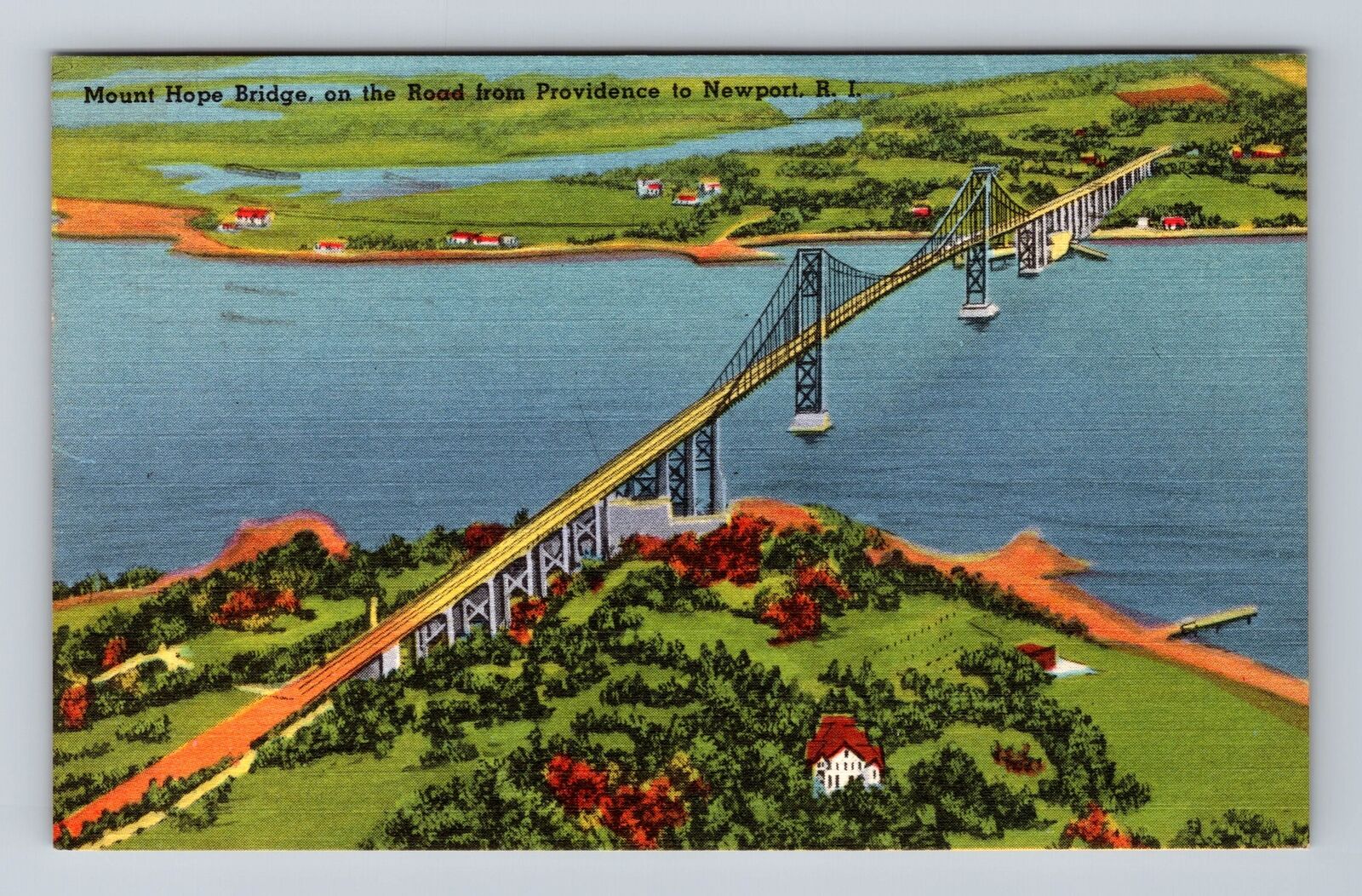 Newport RI-Rhode Island, Mount Hope Bridge, Antique Souvenir Vintage Postcard