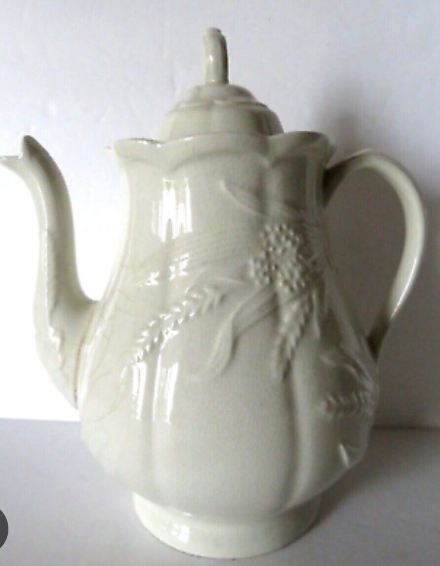 Thomas Hughes & Son antique ivory/white ironstone teapot Grain Pattern