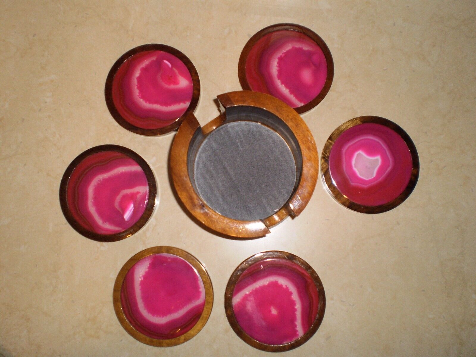 Vintage Agate Geode Crystal Stone Set Of 6 Coasters With Holder BEAUTIFUL COLOR