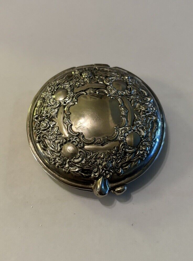 Vintage Victorian Ornate Silver Makeup Powder Beauty Compact